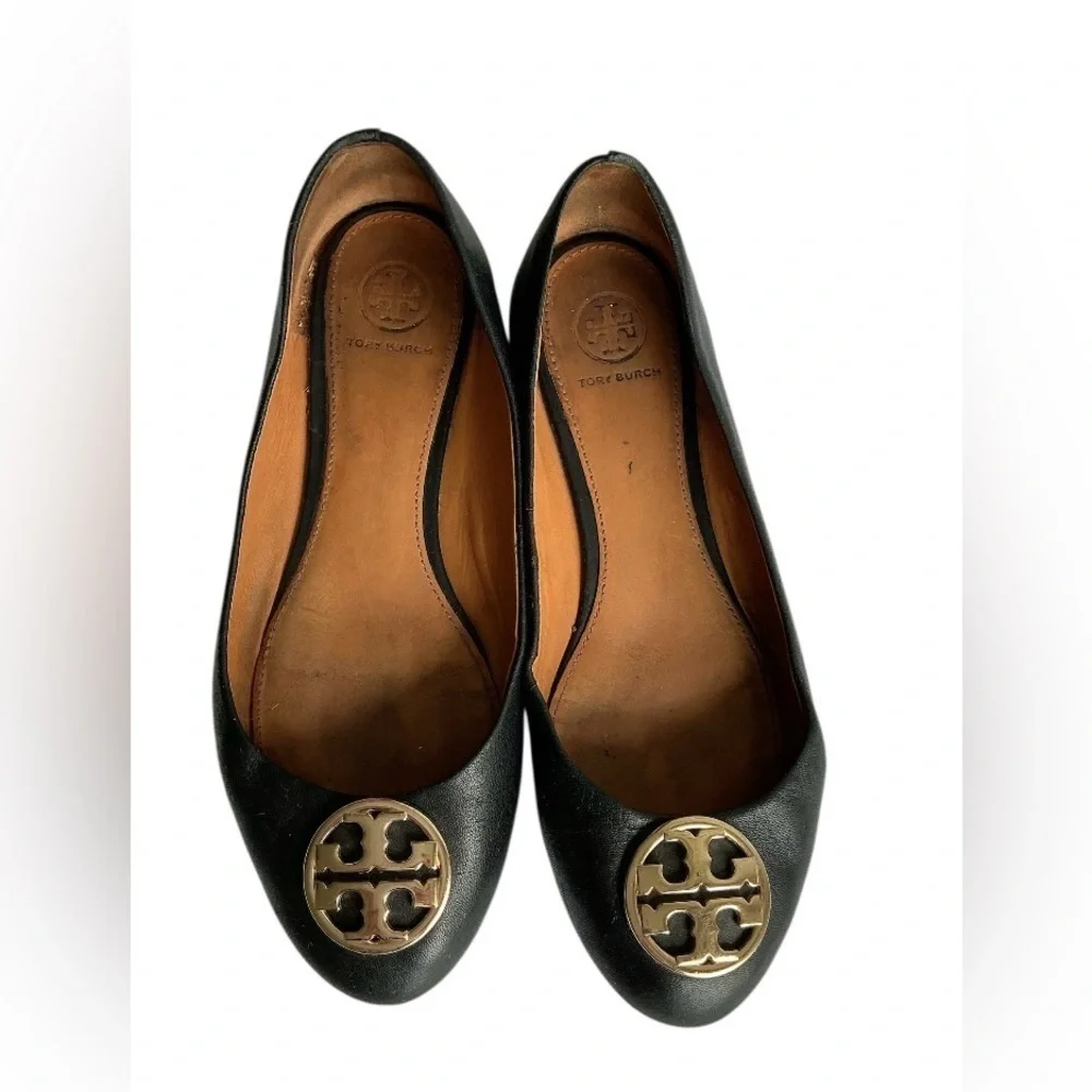Tory Burch Black Leather Flats with Gold Emblem